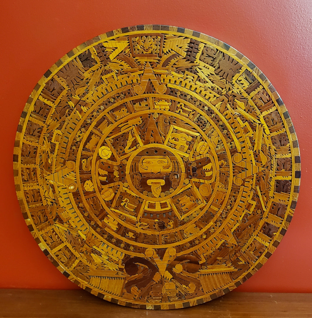 Vintage Wood Inlaid Aztec Mexican Mayan Calendar