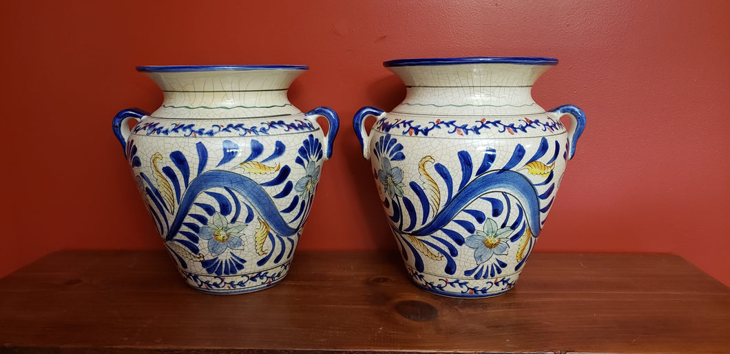 Pair of Italian Style Decorative ,Hand Painted Floral Urns