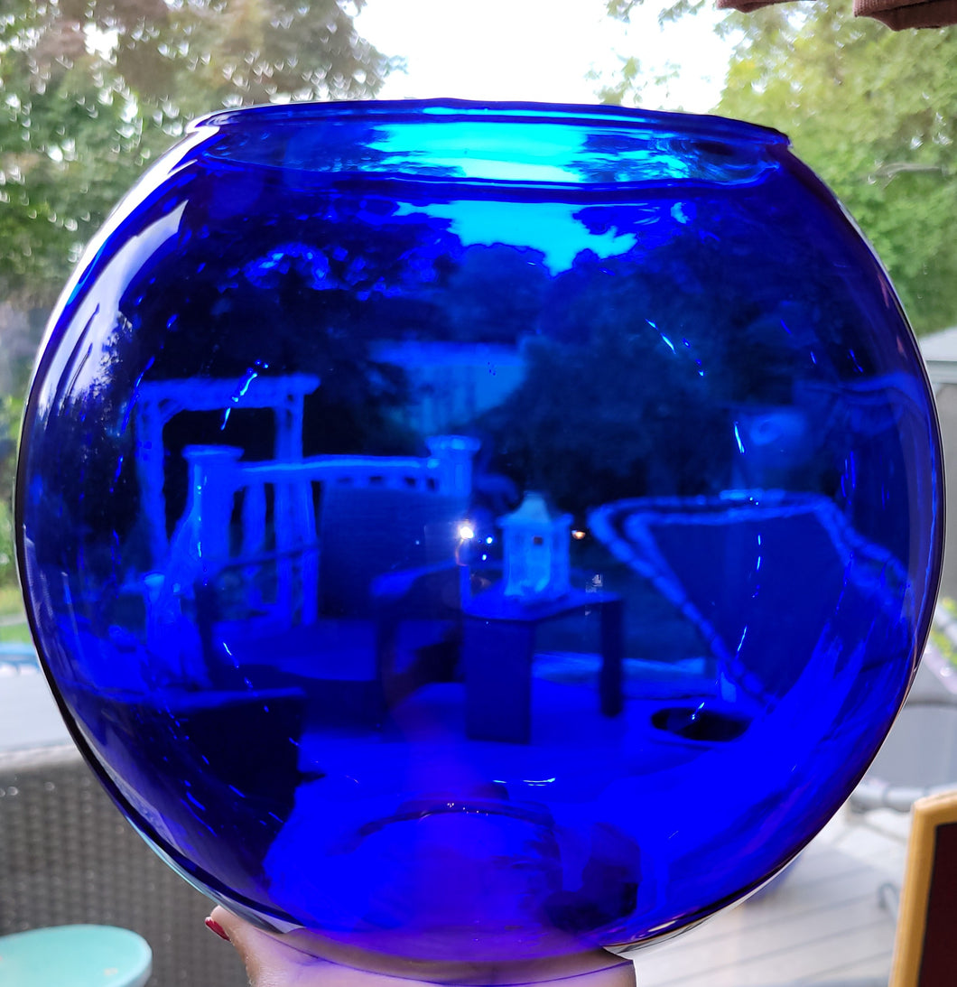 Large Vintage Cobalt Blue Glass Fish Bowl Vase