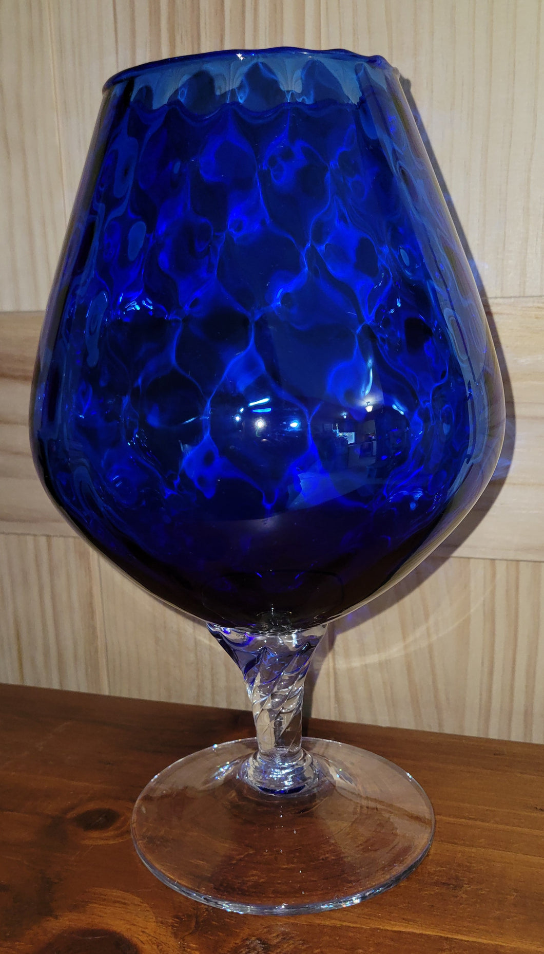 Large Italian Art Glass Snifter Shaped Vase in Cobalt Blue w/ Clear Stem