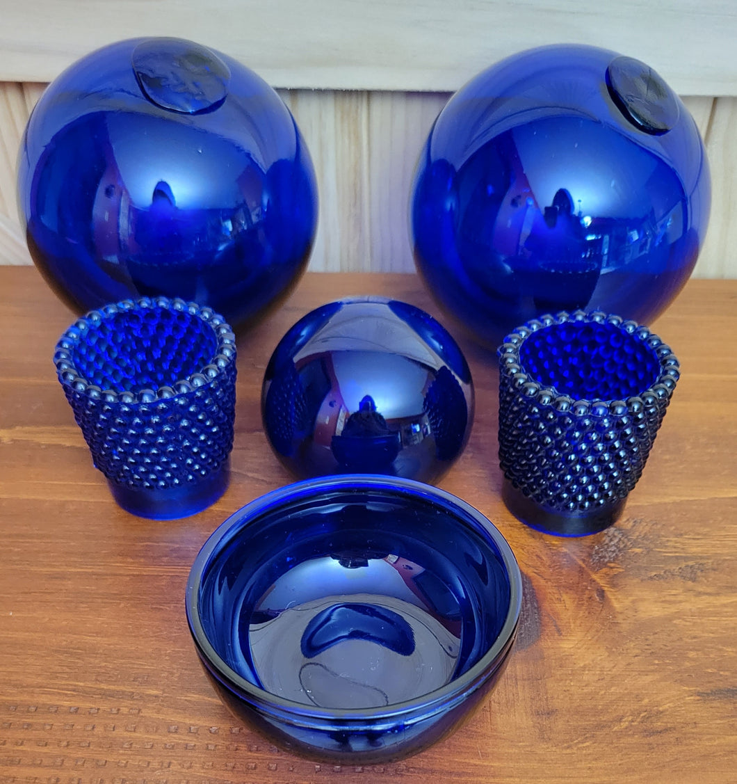 Cobalt Blue Blown Glass Float Balls, Votives & Dish