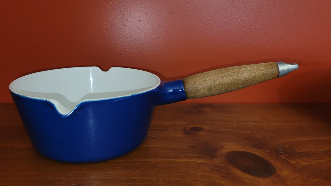 Copco Cobalt Blue Enamel/Cast Iron Saucepan w/Pouring Spouts. Measures 13