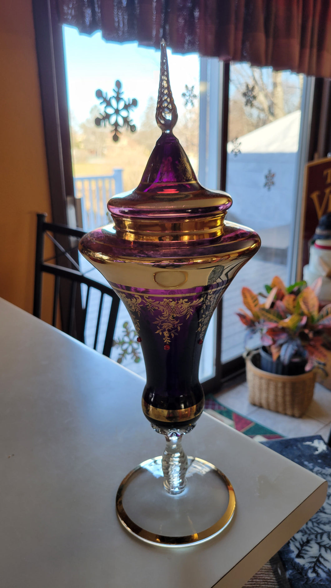 Bohemian Style, Hand Blown, Amethyst Glass Apothecary Style Lidded Pedestal Candy Dish