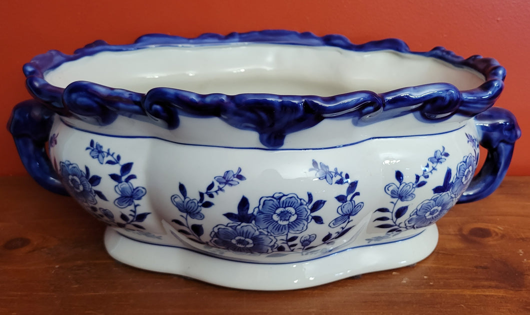 Glazed Ceramic Planter, White w/ Cobalt Blue Flowers