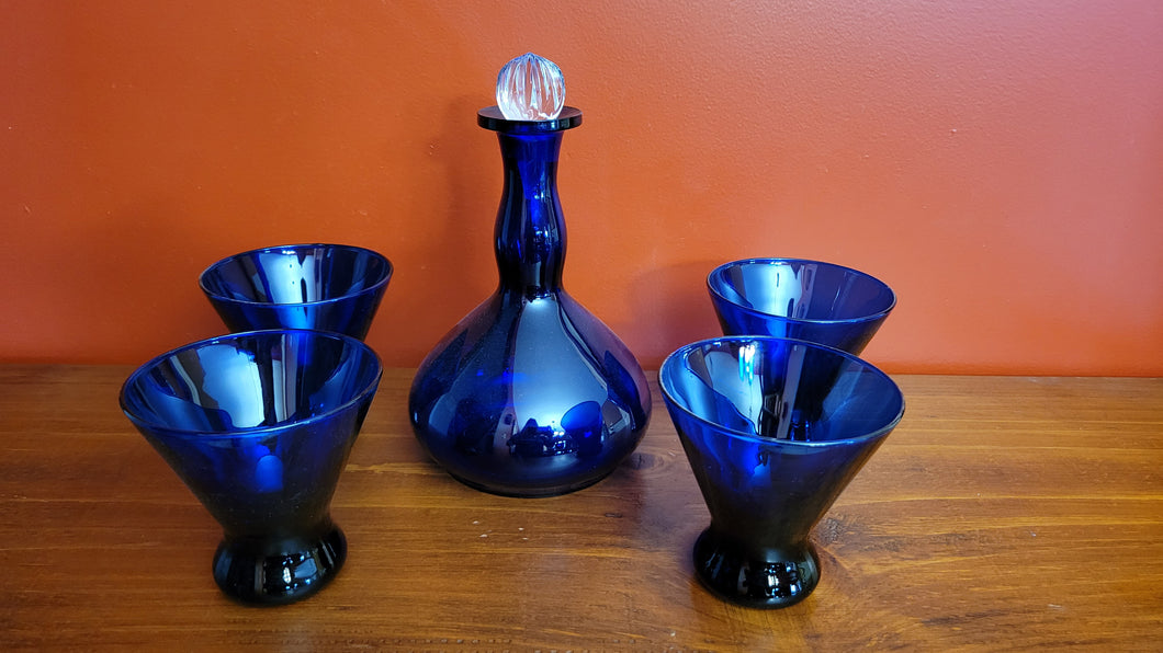 Vintage Cobalt Blue Glass Decanter & Four Cocktail Glasses