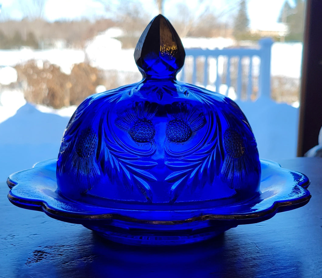 Vintage Cobalt Blue Lidded Butter Dish w/ Thistle Pattern & Gold Accents