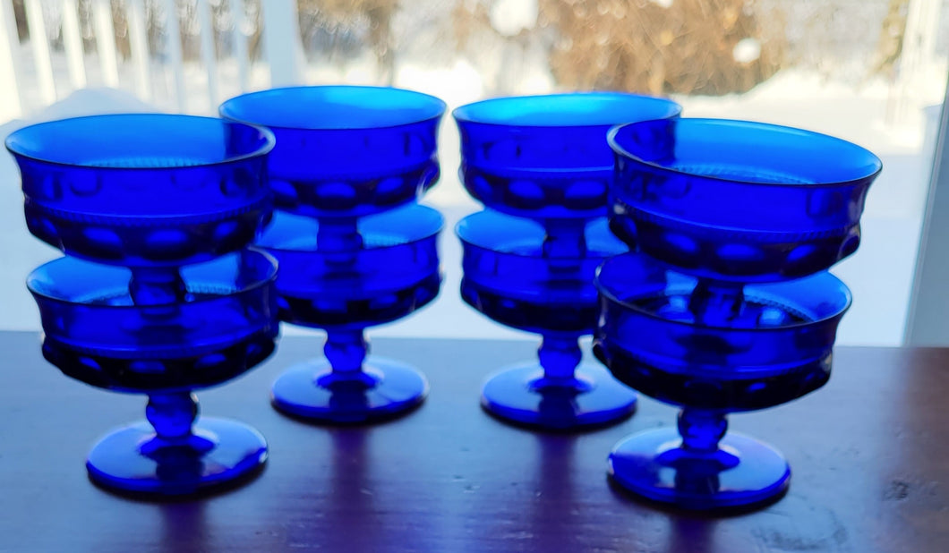 Vintage Cobalt Blue, Indiana Glass Co. Thumbprint Pedestal Sherbet Dishes.