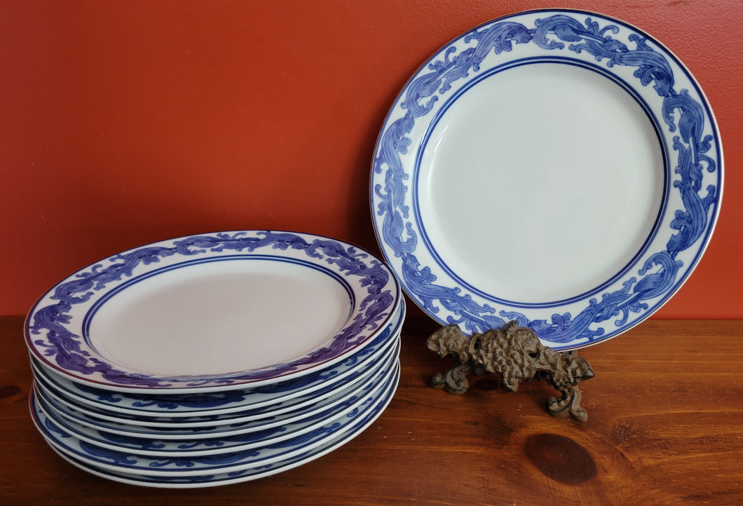 Elegant! Vintage Bombay White Plates w/ Blue Scroll Rim