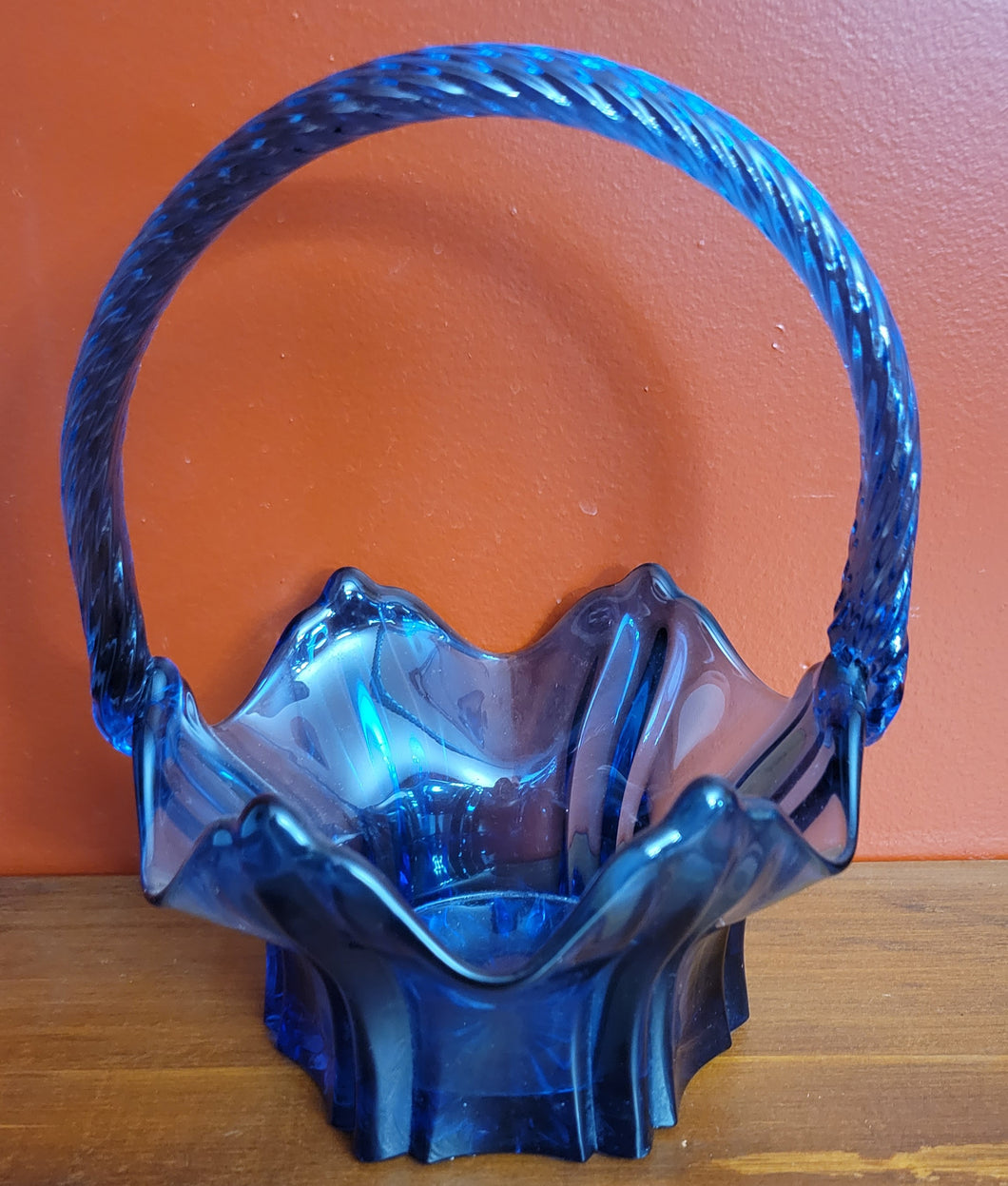 Art Glass Blue Basket W/ Handle