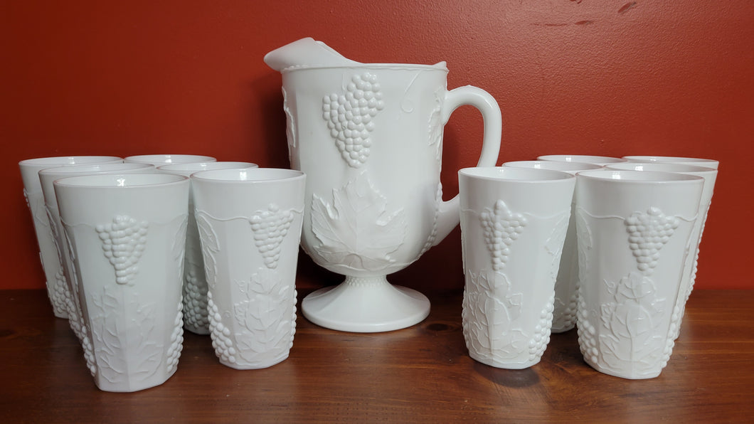 Vintage Milk Glass Set, Harvest Grape Pitcher W/ 12 Matching Glasses.