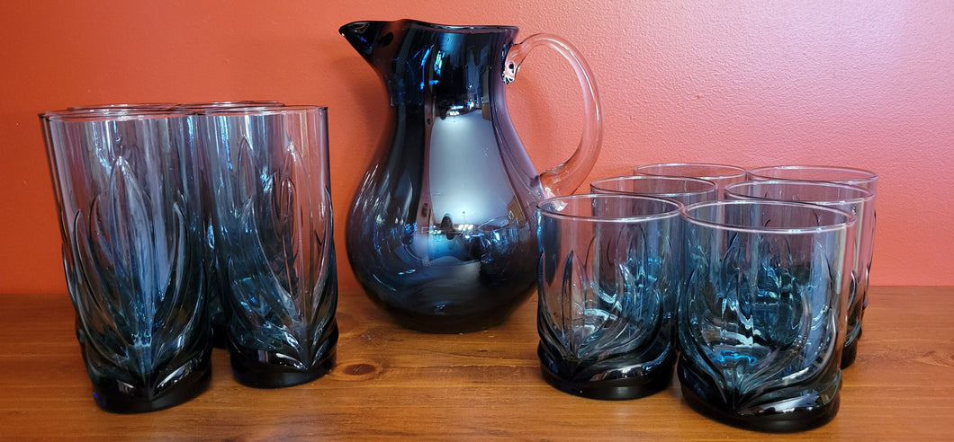 Blue Glass Pitcher w/ Pinched Spout ,6 Tall Glasses & 6 Smaller Glasses