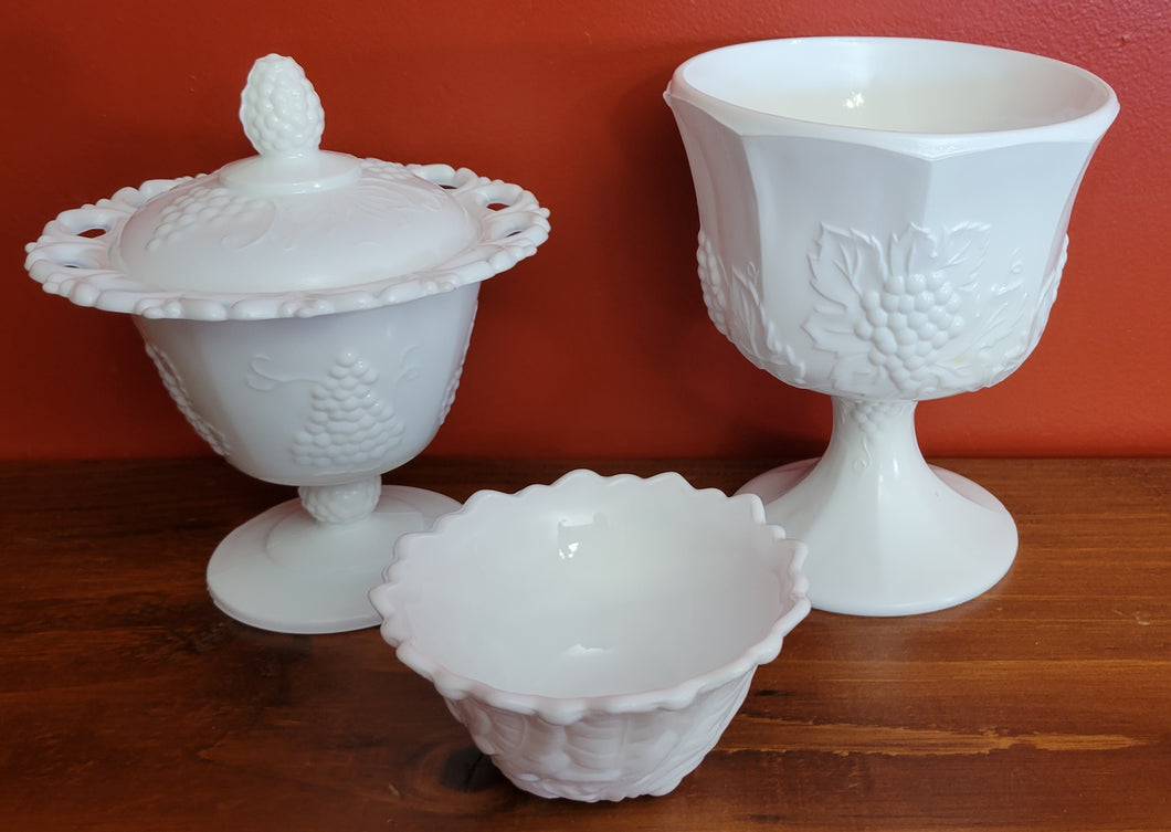 Vintage White Milk Glass Pieces, Planter, Lidded Candy Dish & Sugar Bowl