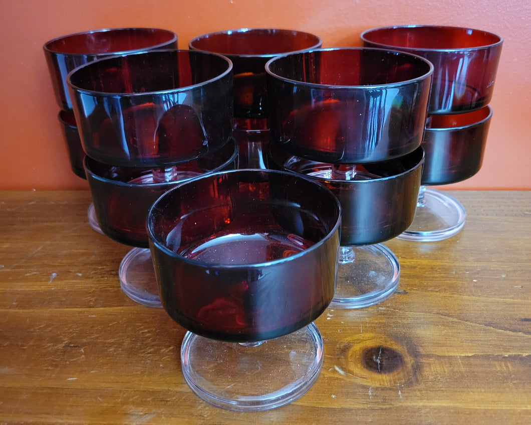 Vintage Red Glass Dessert Dishes w/ Clear Stem & Base (11)