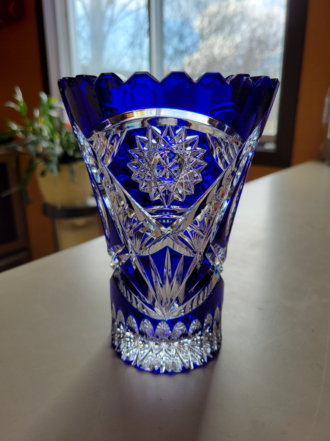 Awesome! Chech Bavarian Cobalt Blue Cut to Clear Flower Vase (6