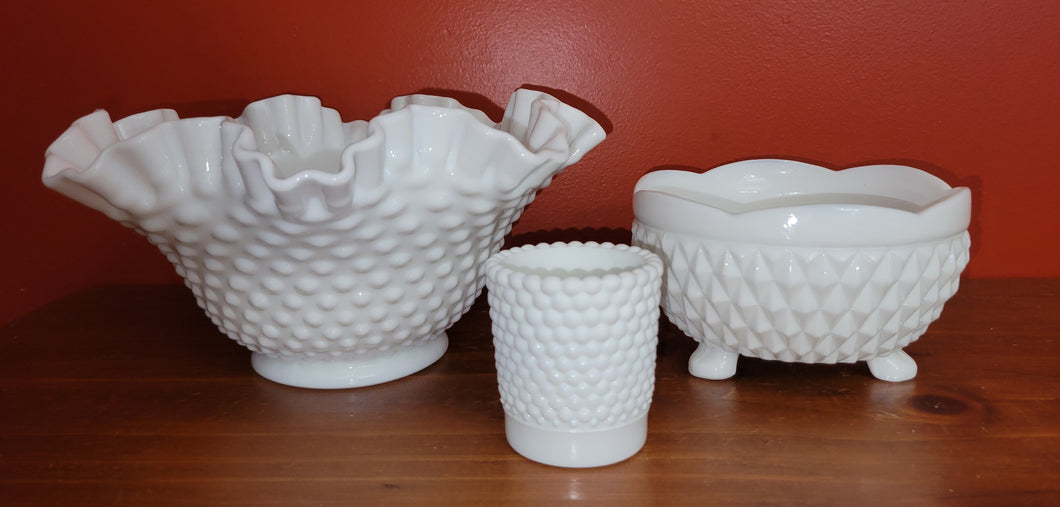 Vintage Milk Glass Hobnail Ruffle Top Bowl, Votive & Diamond Point Dish