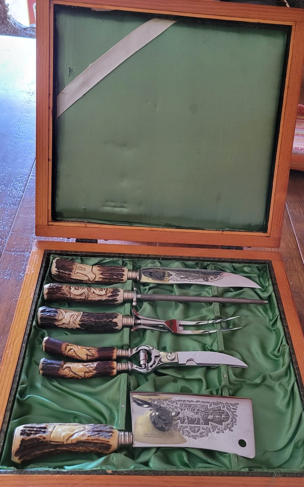 Vintage Solingen Carving Set, Etched Blades, Circa 1950's Stag Handles