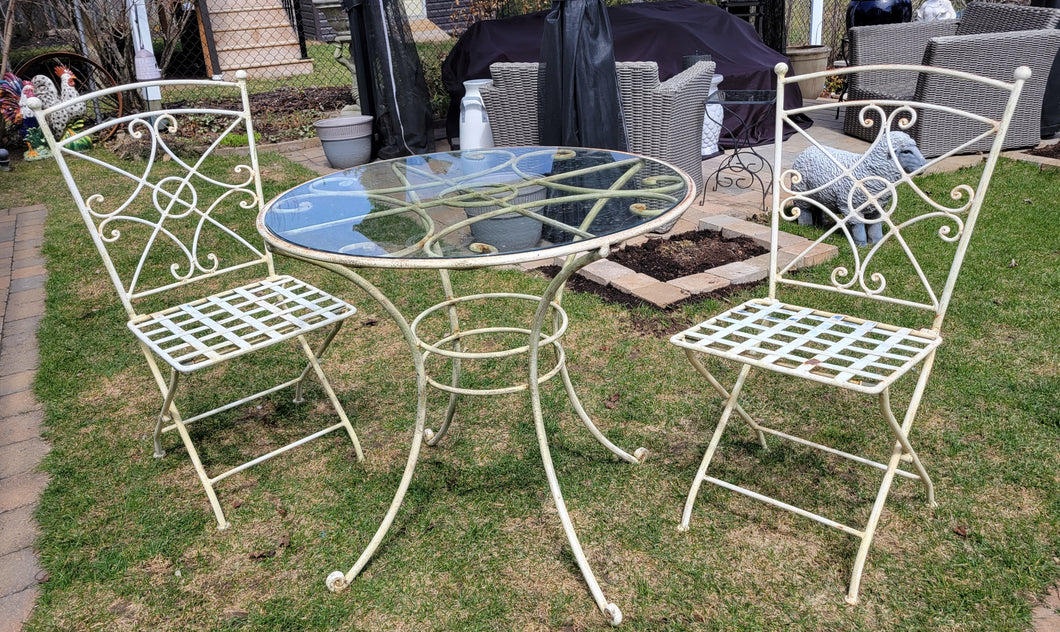 Outdoor Wrought Iron Table & Folding Chairs