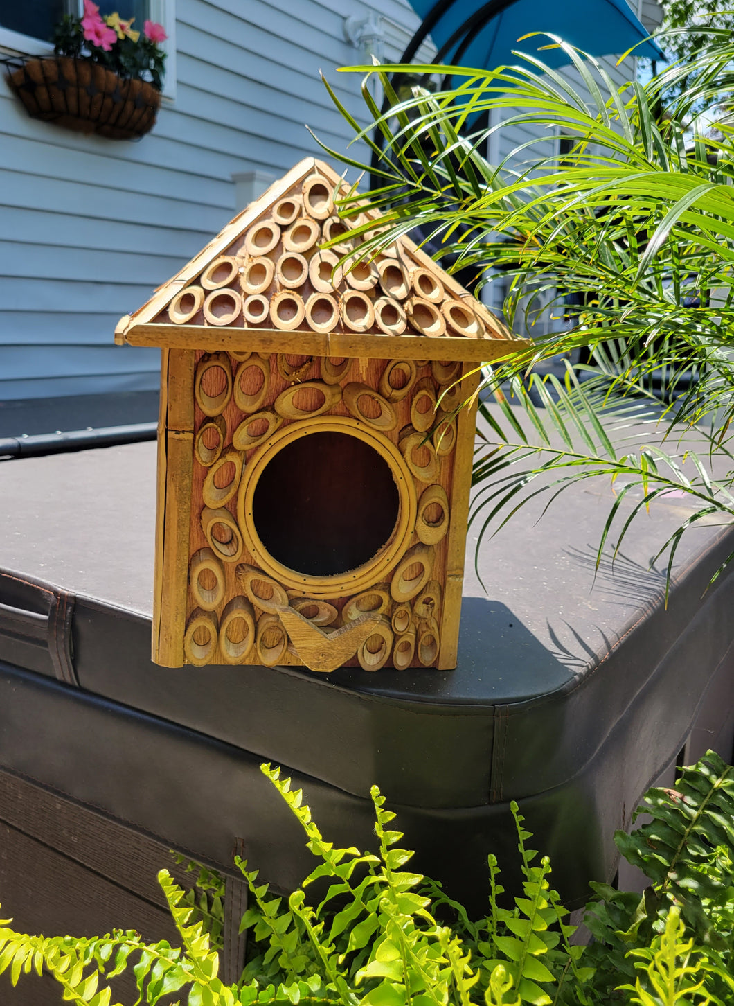 Decorative Bird House W/ Diagonal Cut Bamboo Pieces Covering the Outside