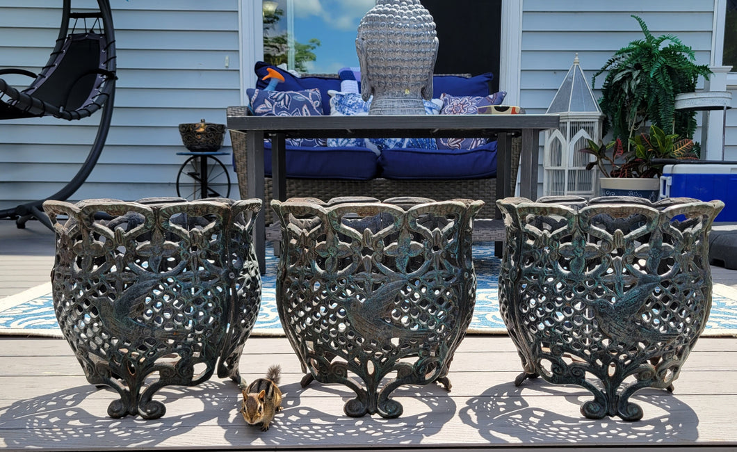 Cast Iron Footed Garden Planters w/ Filigree & Humming Bird Design (3 pc)