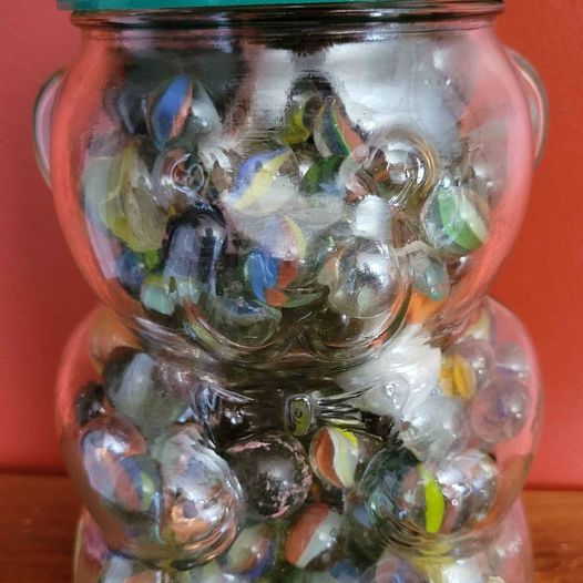 Vintage Marbles in Glass Kraft Peanut Butter Bear Jar