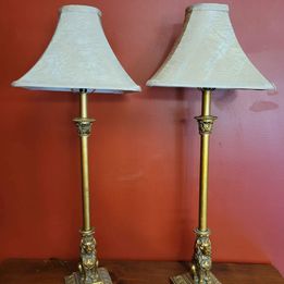 Gold Lion Base Candlestick Lamps w/Shades