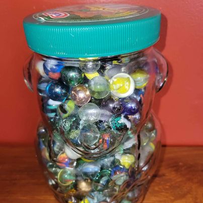 Vintage Marbles in Glass Kraft Peanut Butter Bear Jar