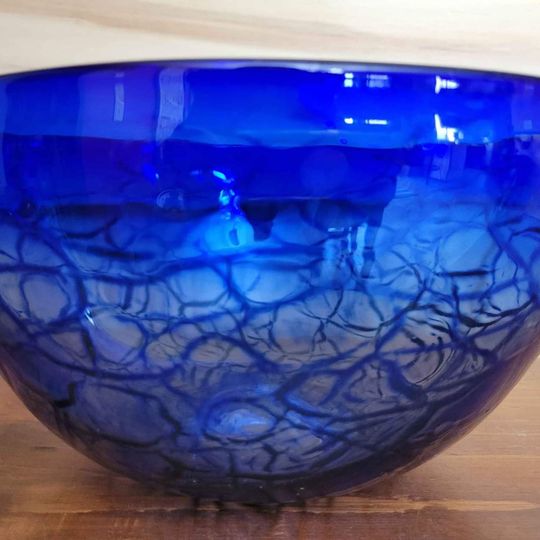 Beautiful! Cobalt Blue , Crackle Design Mouth Blown Art Glass Bowl