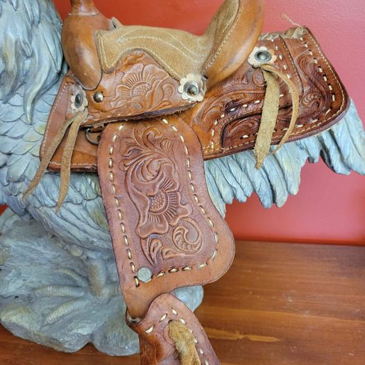 Decorative Miniature Tooled Genuine Leather Saddle w/ Rough Out Seat, 9