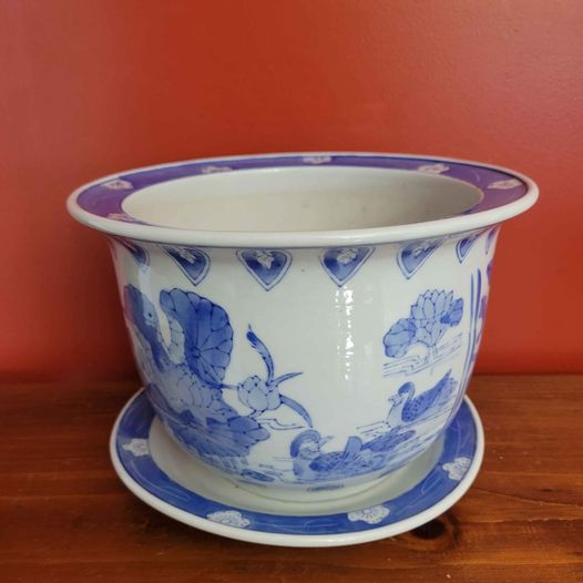 Ceramic Glazed Asian Style Jardiniere w/ Drip Plate