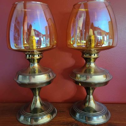 Vintage! Brass Mason Style Constant Flame Candle Lamps w/ Amber Glass Shades