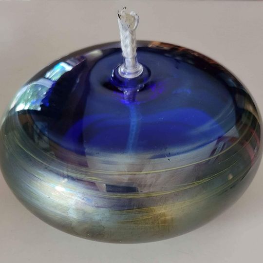 Signed! Cobalt Blue Art Glass Oil Lamp w/ Iridescent Glazed Finish