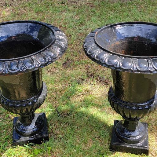 Stately! Pair of Black Cast Iron Garden Urns