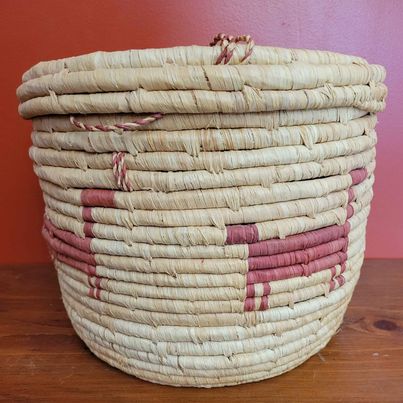 African Coil Woven Lidded Basket w/ String Handle