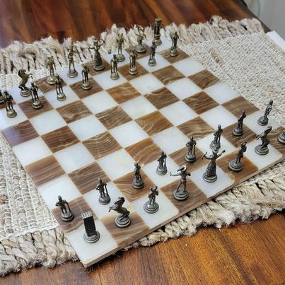 Greek Bronze Chess Set by IPIS w/ Marble Chess Board by Toluca Imports / Mexico