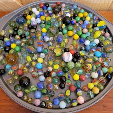 Vintage Marbles in Tobbaco Jar, 200 Marbles.