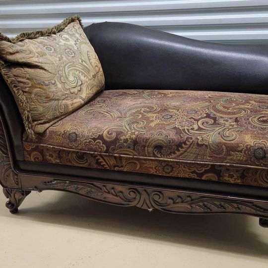 Faux Leather & Upholstered Chaise Lounge w/ Carved Front & Legs