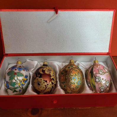 Joan Rivers , Faberge Inspired Eggs, Blown Glass, Christmas Ornaments,(4 pce)