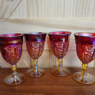 Stunning! Heirloom,Sunset Amberina Indiana Carnival Glass Water/Wine Goblets,  (4 pces)