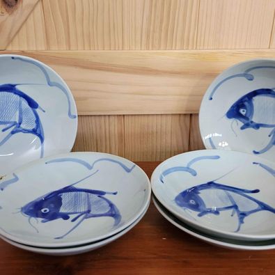 Set of Six Vintage Ceramic Blue & Whie Bowls w/ Koi Fish (Carp)