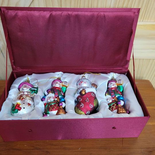 Polish Glass Christmas Snowman Ornaments in Red satin Lined Storage Box.(4 pce)