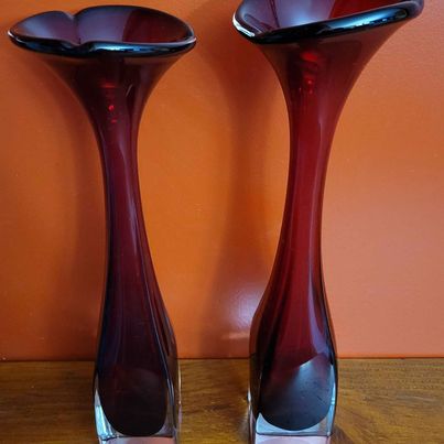 MCM! Aseda Red Art Glass Vases, Swedish Artist Bo Borgstrom