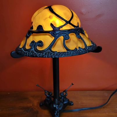 Encased Art Glass ,Mushroom Shaped, Boudoir Lamp W/ Trumpeting Angel Base, Measures 12.5