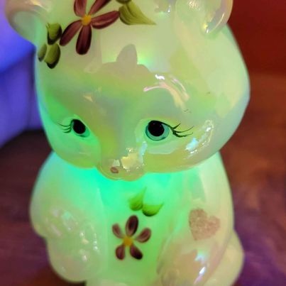 Signed Fenton Uranium Glass, Irridescent White Hand Painted Bear, Measures 3.5