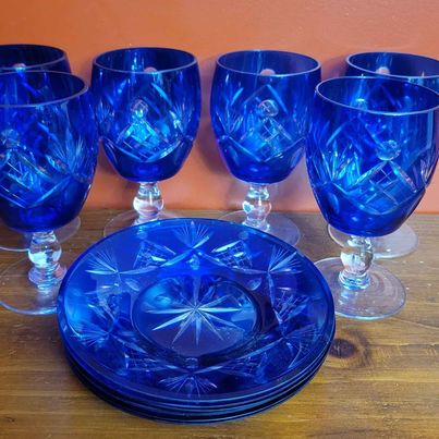 Beautiful! Blue Cut to Cleat Goblets w/ Clear Stems & Six Side Plates