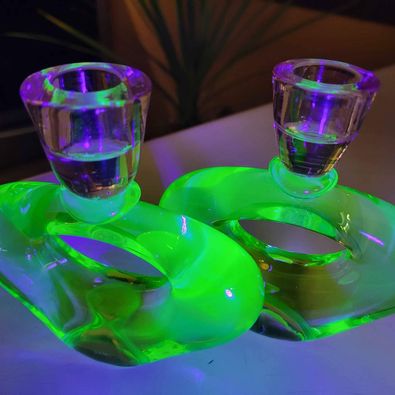 Rare! Vintage! Pair of Uranium Depression Glass,Candlestick Holders,Pink & Green Blended