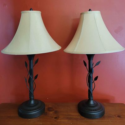 Pair of Dark Brown Metal Table Lamps w/ Metal Leaf Design & Bell Shaped Shades.