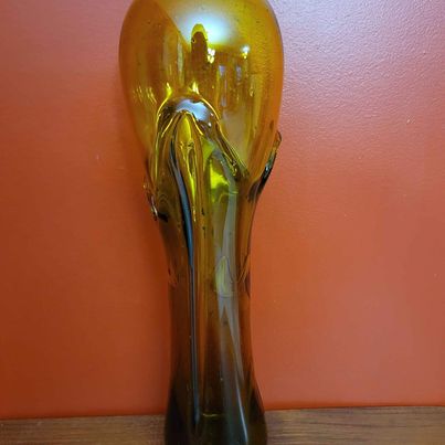 MCM Amber Mouth Blown Art Glass Vase, Signed Two Rivers '75, Metis Artist Michael Robinson,13