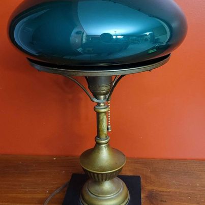 Antique Desk Lamp w/ Green Cased Mushroom Dome Shaped Shade & Chain Pull. Approx 15