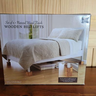 New!Set of Four, Natural Wood Finish,Wooden Bed Lifts