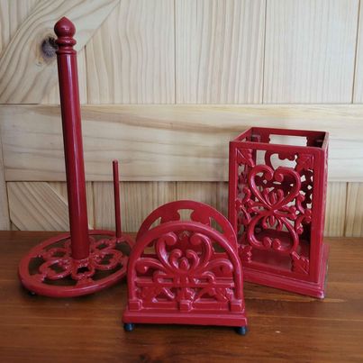 Red 3 Pce Cast Iron Kitchen Set, Paper Towel Holder, Napkin Holder & Utensil Holder